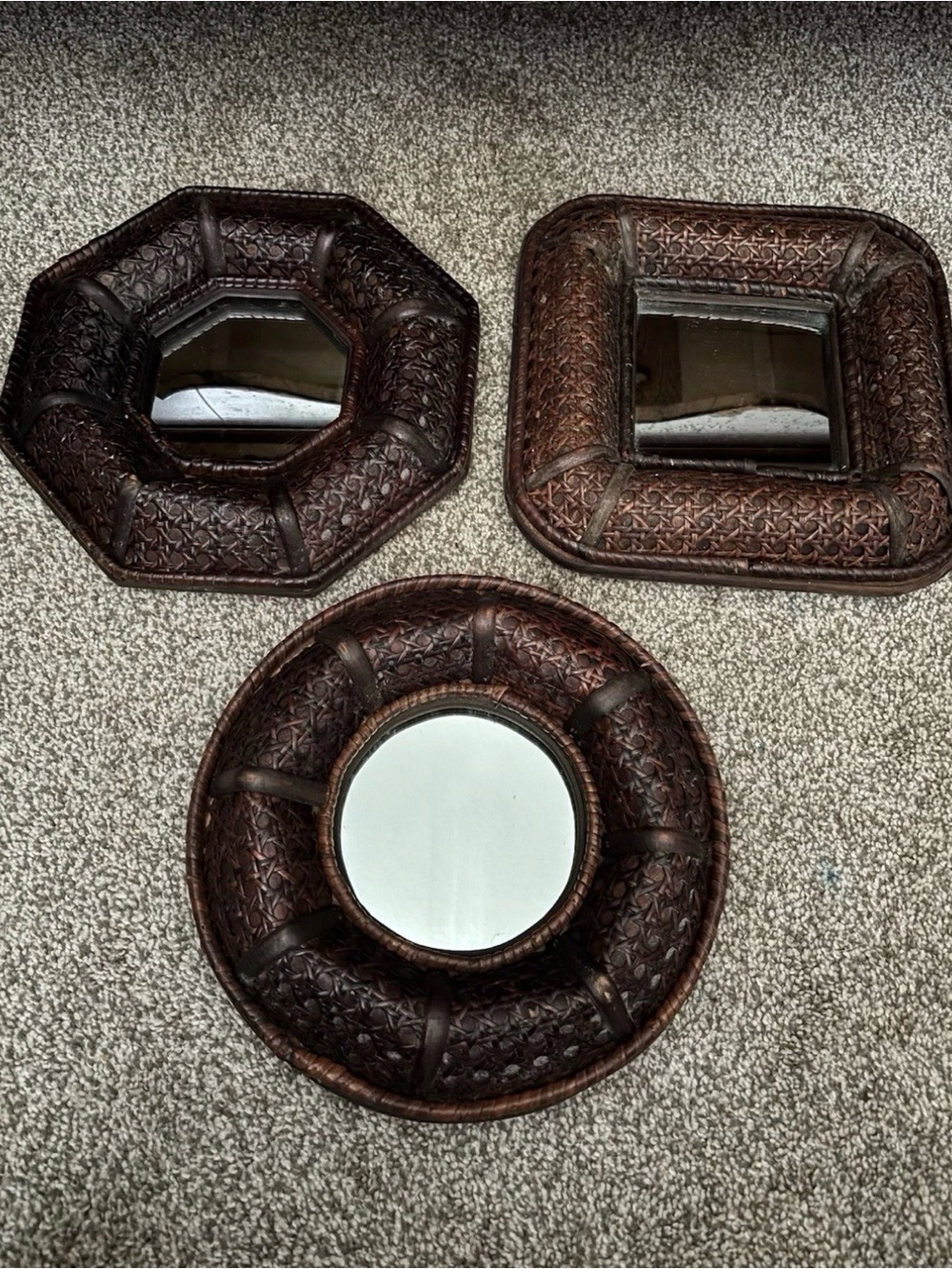 Vintage Boho Woven Wall Mirror Set of 3      10”x10” Asian Rattan Style Decor